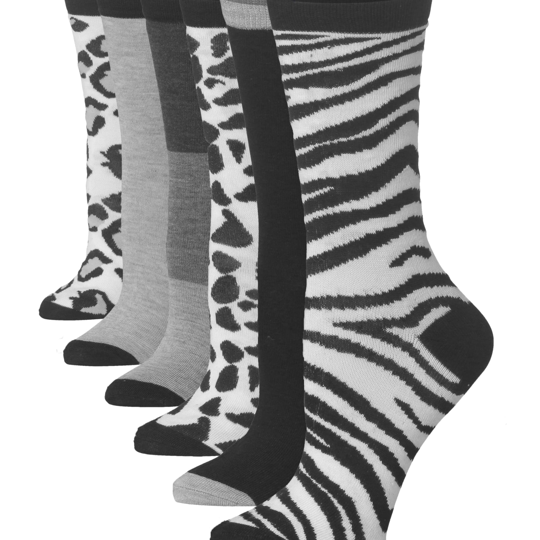 Women's 6-Pairs Monochrome Funky Wild Animal Instincts Patterned Crew